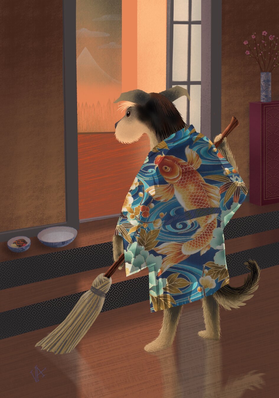 Drawing of my dog Gus sweeping a polished, reflective floor, wearing a silk kimono with a glittering koi on the back. The interior is inspired by traditional Japanese interiors. Wall hanging of Mount Fuji in the room beyond Gus.