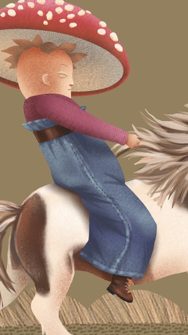 Drawing of a pale human with a large mushroom cap, wearing large jeans which are belted around his chest, astride a galloping Shetland pony.