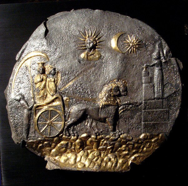 Cybele in a chariot driven by Nike and drawn by lions toward a votive sacrifice (right); above are heavenly symbols, plaque from Ai Khanoum, Bactria (Afghanistan), 2nd century BCE