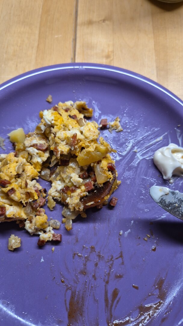 relativ nahe Aufnahme eines fast leer gegessenen Tellers. Es sind Bratkartoffeln mit Ei, ein Klecks Mayonnaise und ein Rest Ketchup zu erkennen. Der Teller ist an den Seiten abgeschnitten, am oberen Rand ist helles Holz zu sehen