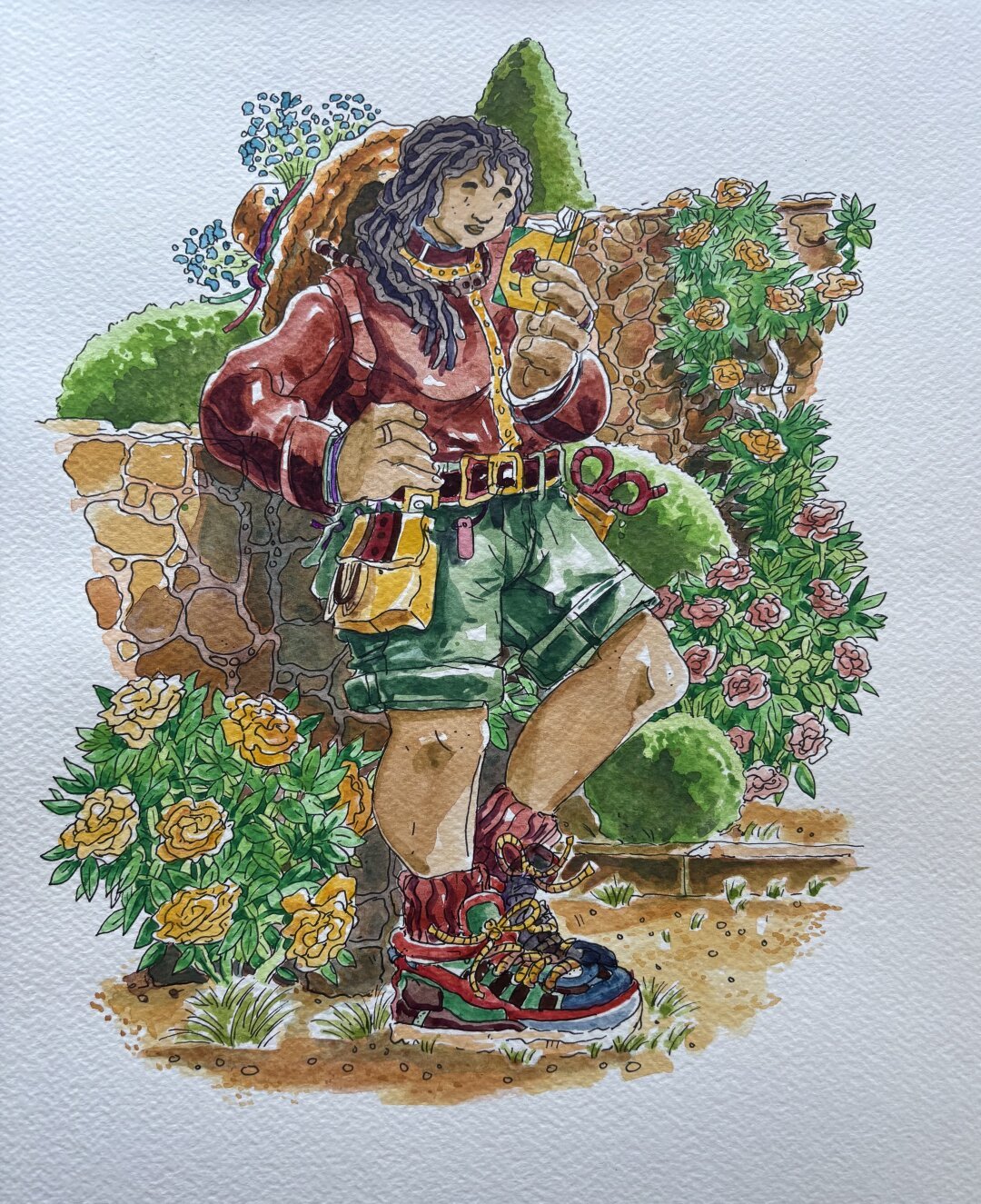 Watercolor illustration of a figure leaning against an old stone wall in the middle of a rose garden checking a reference book