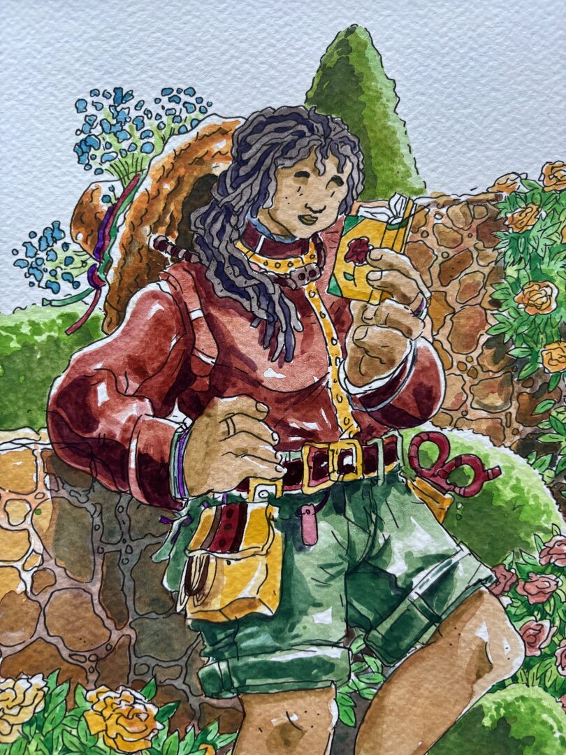 Watercolor illustration of a figure leaning against an old stone wall in the middle of a rose garden checking a reference book - detail of the person’s face, clothing and book