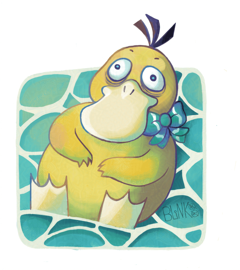 A digital painting of a Psyduck floating on its back in some choppy water, its eyes wide, looking listless and pained as usual. There are dark circles under its eyes. It has a blue-green rescue team bow tied around its neck.