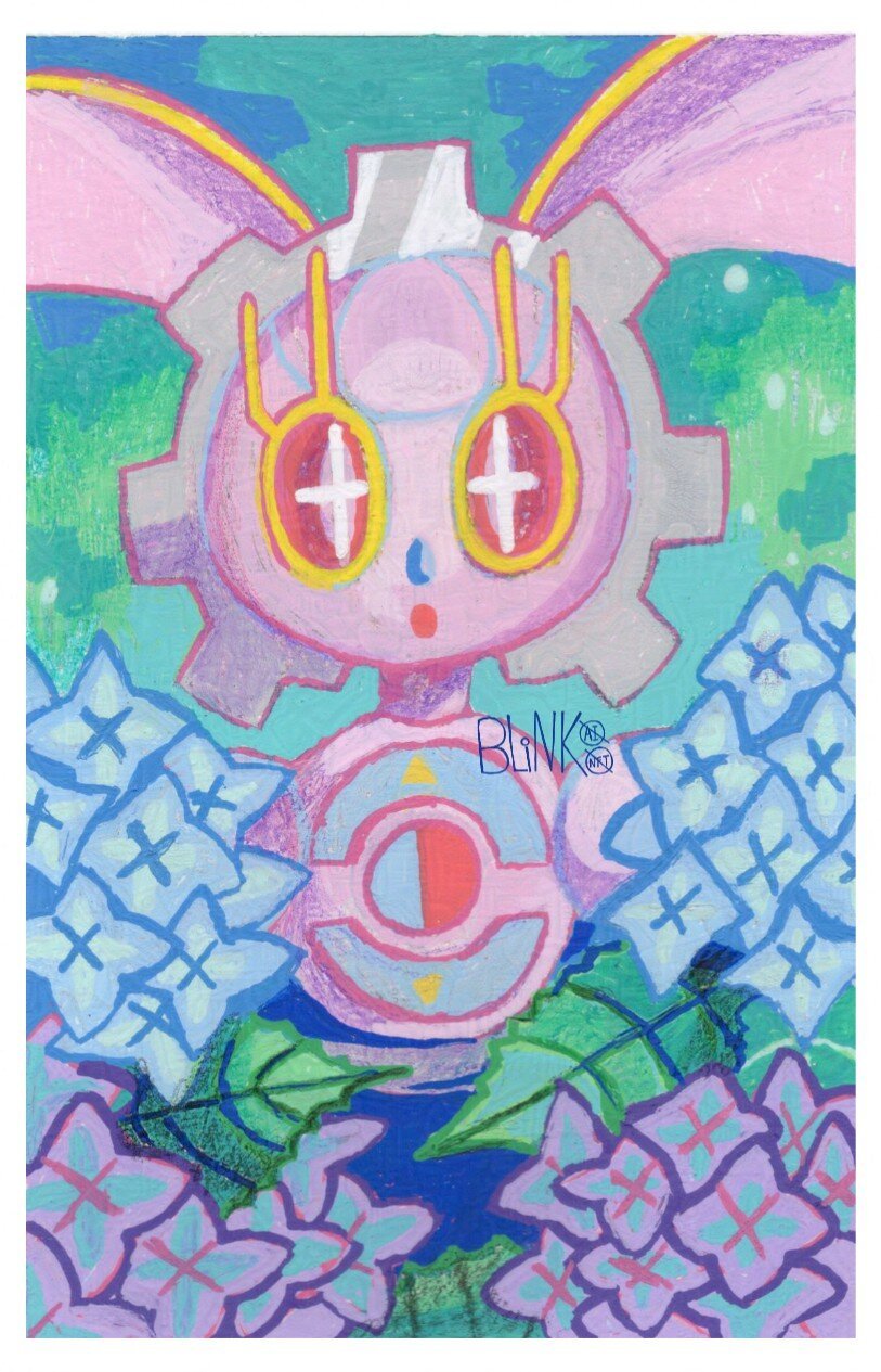 a traditional mixed-media painting of Magearna, a robot-like Pokemon, peeking out from behind some hydrangea plants. the colors are soft.
