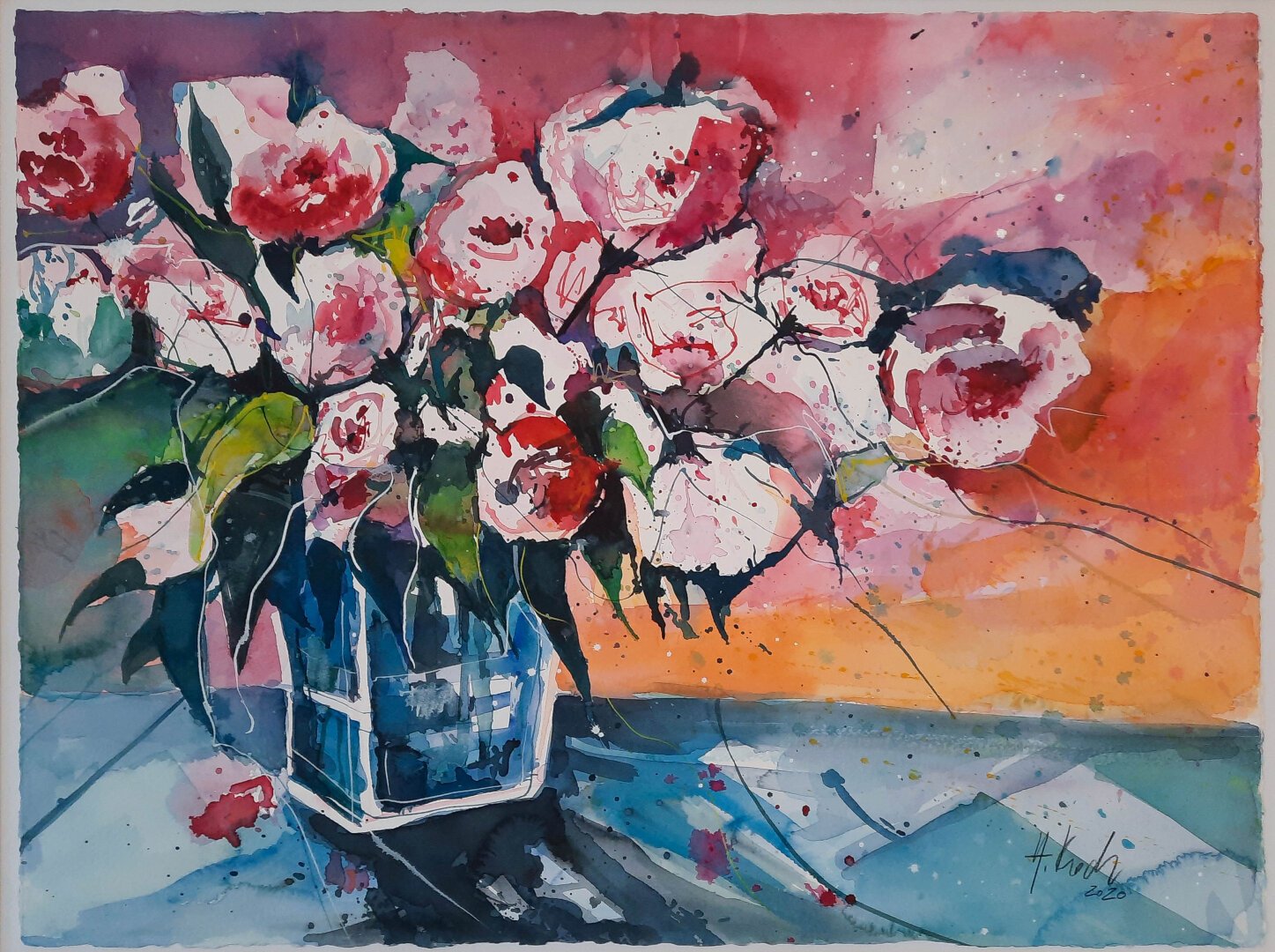 A watercolor painting of a deep blue vase full of slightly abstracted red flowers. The background painted in vibrant red violet and orange tones.

German: Ein Aquarell mit einer tiefblauen Vase voller leicht abstrahierter roter Blumen. Der Hintergrund ist in leuchtenden Rot-, Violett- und Orangetönen gemalt.