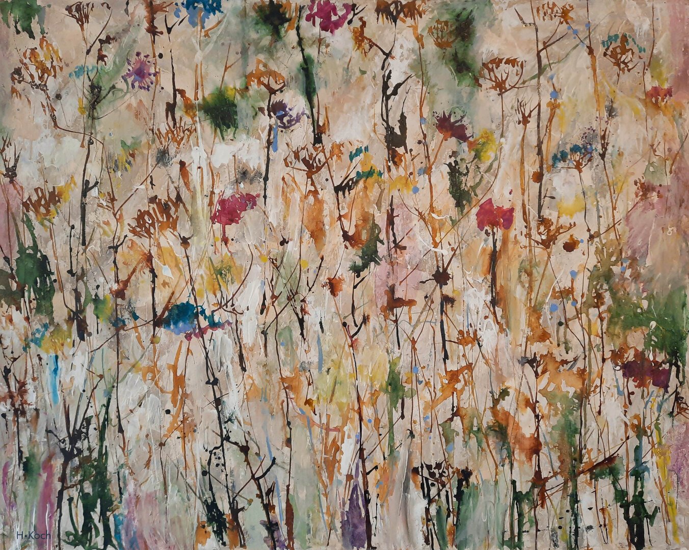 The acrylic painting depicts an abstract meadow with a wide range of shapes and colors that give the impression of wildflowers.