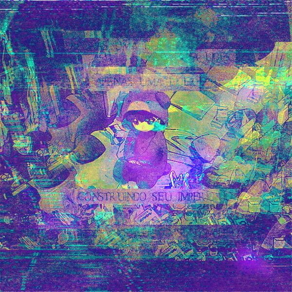 Uma ilustração digital estilizada e colorida (predominantemente roxo e verde) com efeitos de falha apresentando um personagem de anime (Lain) vestindo um kigurumi de urso pardo cercado por um fundo caótico com vários objetos. O texto na imagem diz "APENAS UMA LÍDER CONSTRUINDO SEU IMPÉRIO