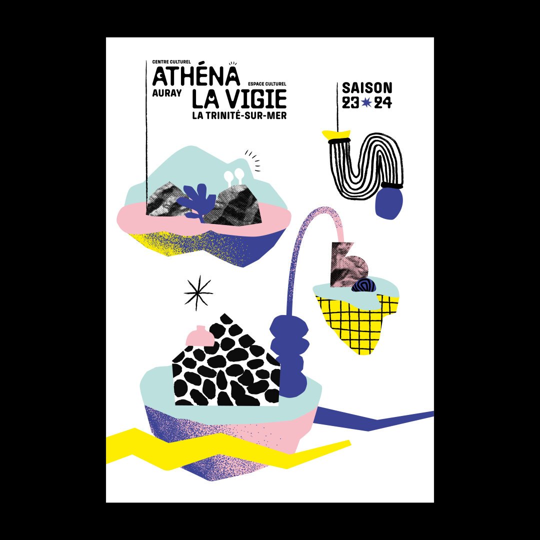 Affiche sur fond blanc représentant 4 petites îles imaginaires, réalisés à la façon de papiers découpés et réhaussés de motifs noirs réalisés avec de gros feutres.
Le logo typographique Athéna / La Vigie, du nom des 2 centres culturels associés, est placé en haut à gauche.