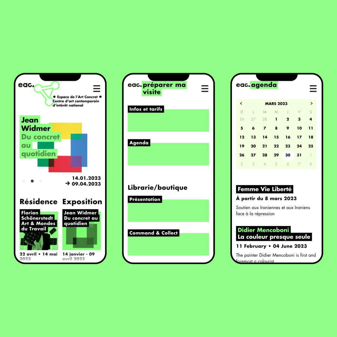 3 smartphones affichant 3 pages du site : page d'accueil, page infos, page agenda. Les grands-titres sont surlignés en vert fluo, les sous-titres sont surlignés en noir.
