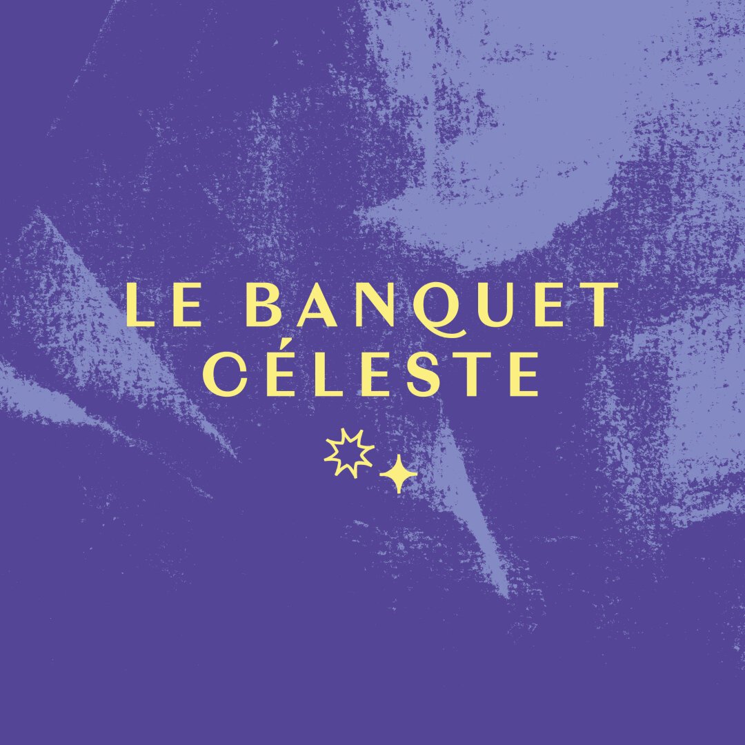 Logo du Banquet Céleste : logo typographique sur 2 lignes centrées, suivies de 2 petites étoiles.
Le fond est texturé (texture réalisé avec la technique du monotype).