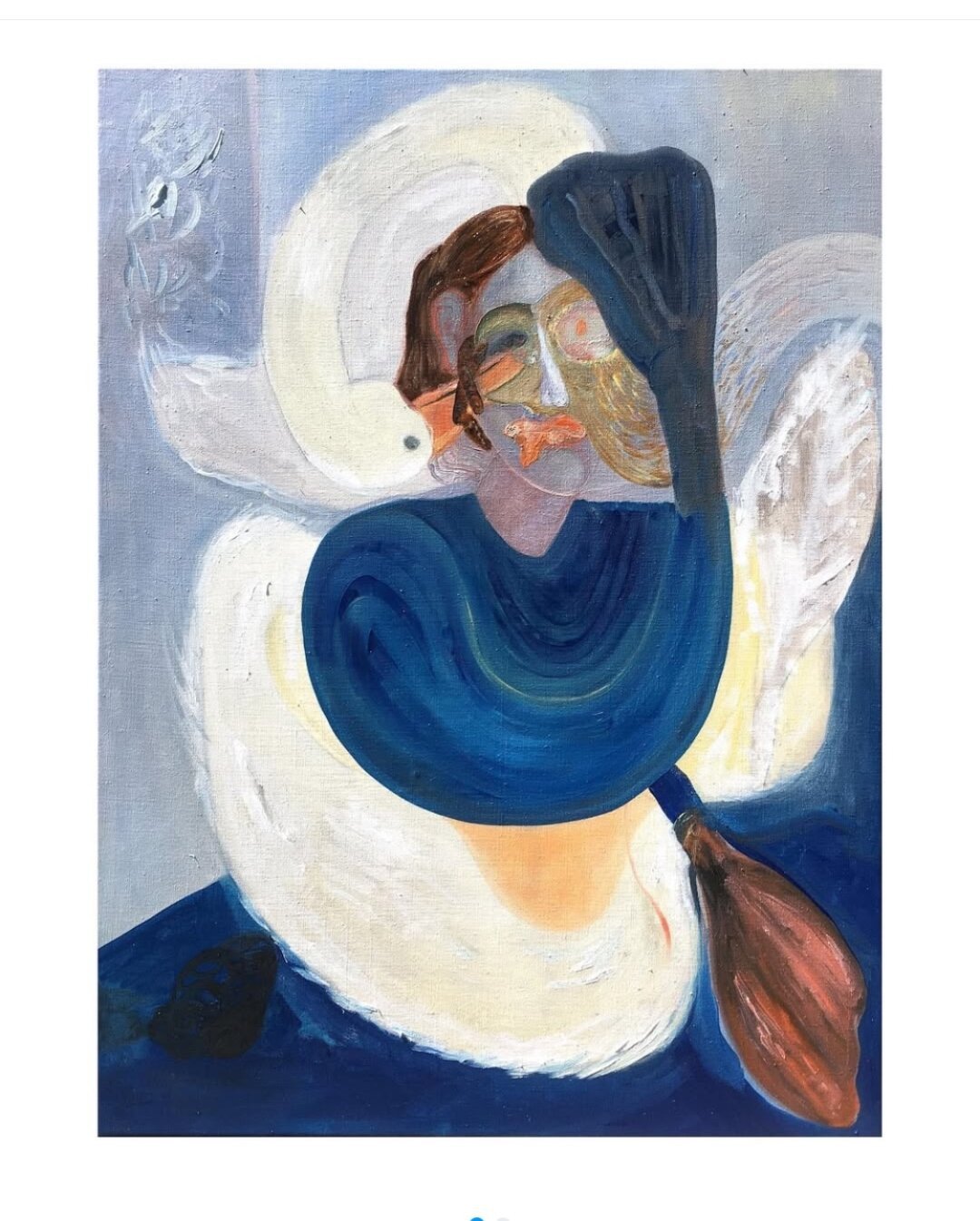 figurative oil painting of a person (selfportrait) turning into a swan which together with a parrot ghosty figure share a worm and looks same tome romanting same time cruel as if they would eat the persons eye, colors light blue on the left up, dark blue bottom, greyish blue background and a swan white and blue dressed brown haired
woman with a jelly mouth