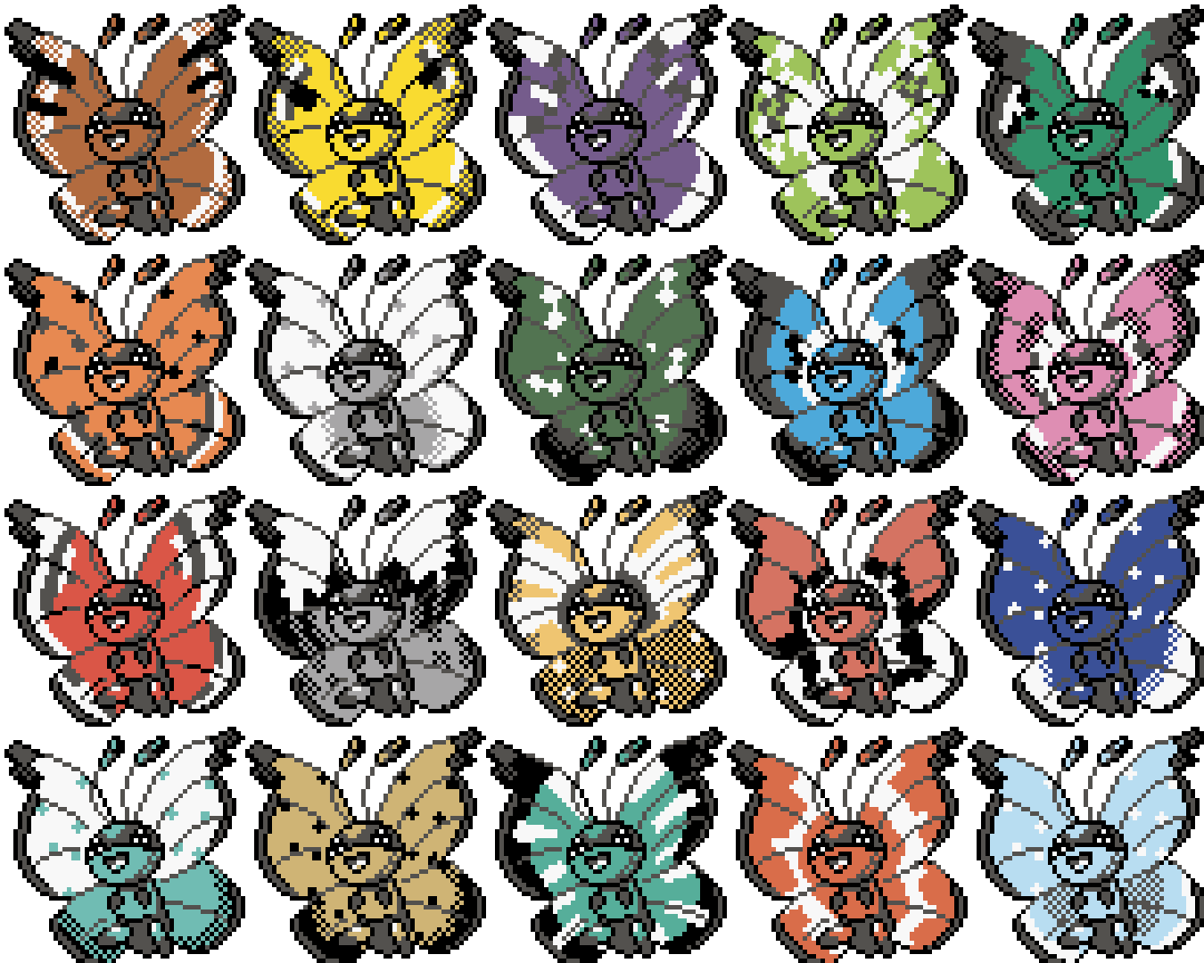 pixel art of every vivillon form in pokemon gold/silver style