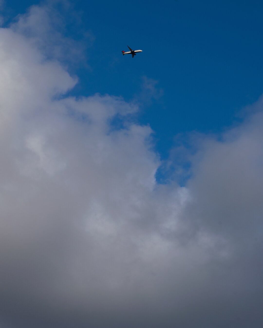 Photo of a small section of fluffy, cotton-esque cloud partly covering a deep blue sky. In the top-center of frame, an airplane, taking only a small fraction of the full frame, is frozen in the sky just peeking past the cloud.