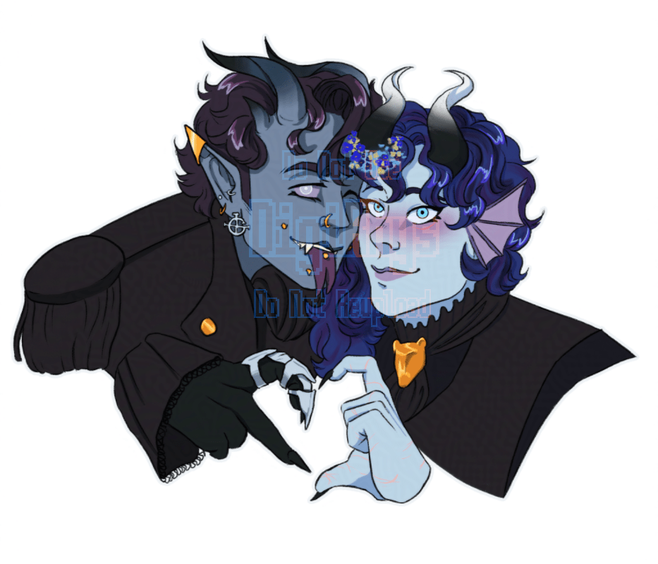 Colored drawing of two Nameless Ghoul OCs: Zephyr (he/him, left) and Nebula (she/her, right). They're pressed cheek-to-cheek and smiling, each making half a heart with their hands. Zephyr has a slate skintone and pale eyes with dark scalera, dark curly hair, two sets of horns, and multiple facial piercings. He's sticking his tongue out and it's also pierced and bifurcated. Nebula has paler blue-toned skin and icy blue eyes (there's a thin scar under her left eye and several on her hand), with wavy dark blue hair that has tints of deep purple and black – it's cut short on one side but left long on the other. She has a single pair of horns and a wreath of little flowers around her right horn.