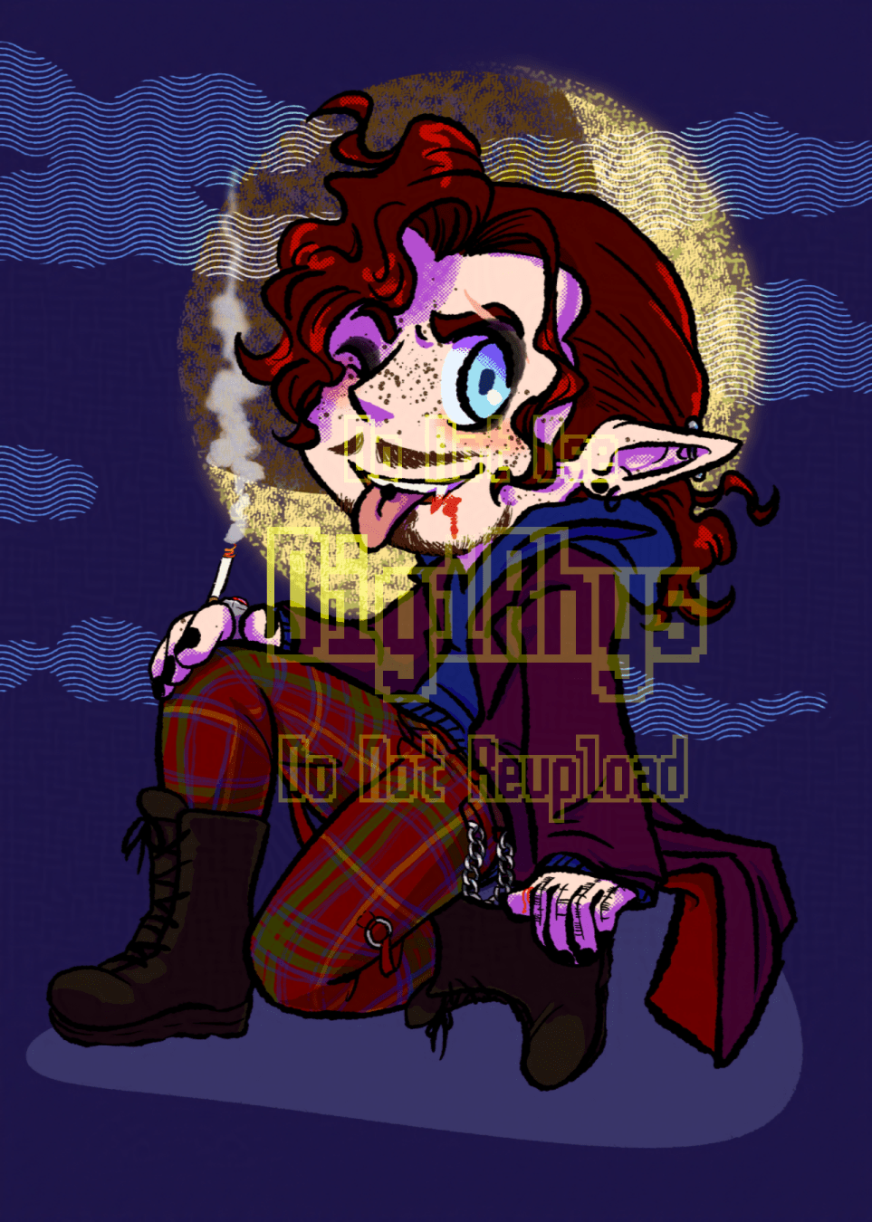 Digital illustration of my OC Victor (he/him) in a semi-chibi style on a dark indigo background, depicted as a vampire for Halloween. His usual color palette has been more saturated to pop, his hair more dark cherry red, pale skin, and icy pale blue eyes. He's wearing a dark blue hoodie, wine-colored peacoat with slightly brighter red lining, and red plaid pants tucked into dark boots. He grins and sticks his tongue out, a bright red smear of blood on his fang. A smoking cigarette is perched between the fingers of the hand on his knee and his other hand rests on the heel of his boot, tucked underneath himself. A large, textured glowing crescent moon is in the background behind him with a few sparsely textured clouds.