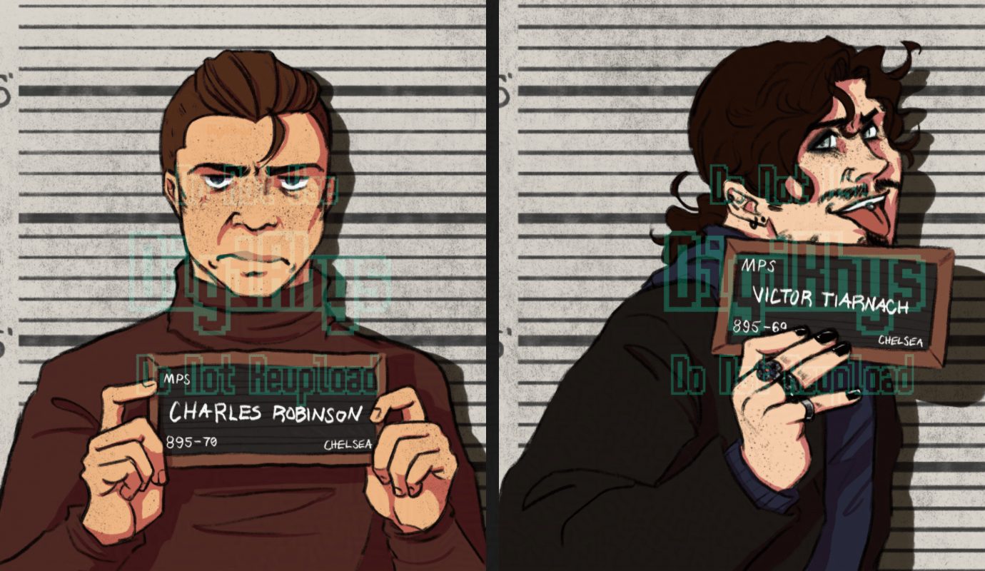 Side-by-side digital drawings of me and my partner's OCs as the Barbie & Ken mugshot meme from the Barbie movie. Left: Charles faces the camera directly, holding a placard with his full name on it witb both hands. His eyes are half-closed and he's frowning deeply, visibly aggravated.
Left: Victor holding his own placard, posed as the "and Ken" half of the meme. He's facing 3/4 to the right and holding the placard with one hand, sticking his tongue out and grinning.
