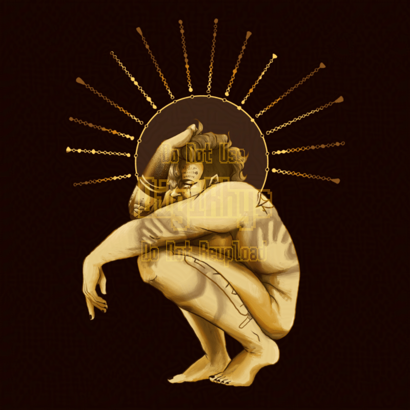 Digital illustration of Higgs Monaghan from Death Stranding rendered in gold hues, placed on an almost black background. He's crouched with knees to his chest, forward arm extended out over his knee with his hand dangling. His other hand is tangled up in his hair. The bottom half of his face is obscured by his arm, but his expression is furious and sad, gold tears running down his face. A gold halo is behind him, the arms of it a mimic of the beads and chain links from Amelia's qipu necklace.
