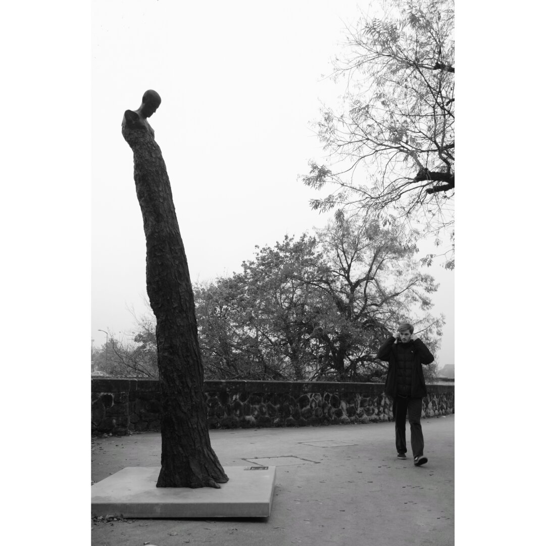 Black and white photo of a man passing by a big statue and staring at it while adjusting his coat. These statues had been placed around Luxembourg city for the Art week fair.