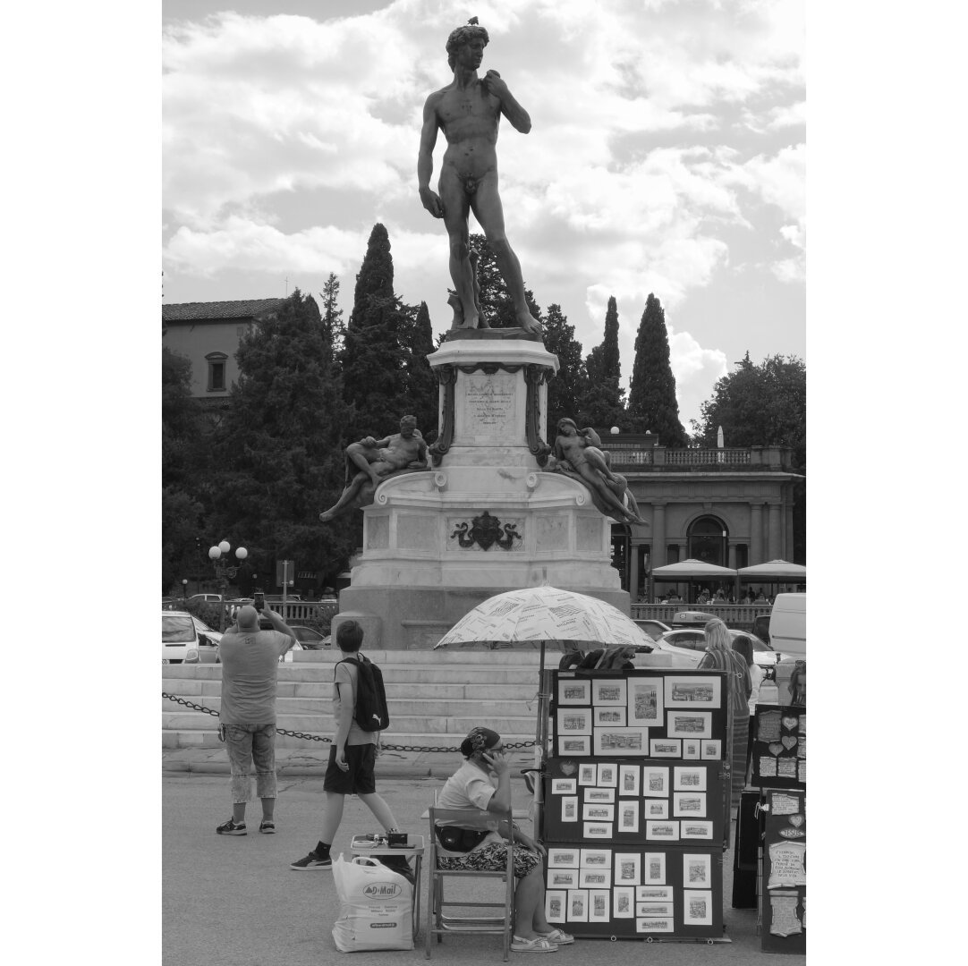 Bnw photo of the statue of the David, by Michelangelo, with a pigeon resting on his head and a few tourists passing by a small vendor of water and souvenirs