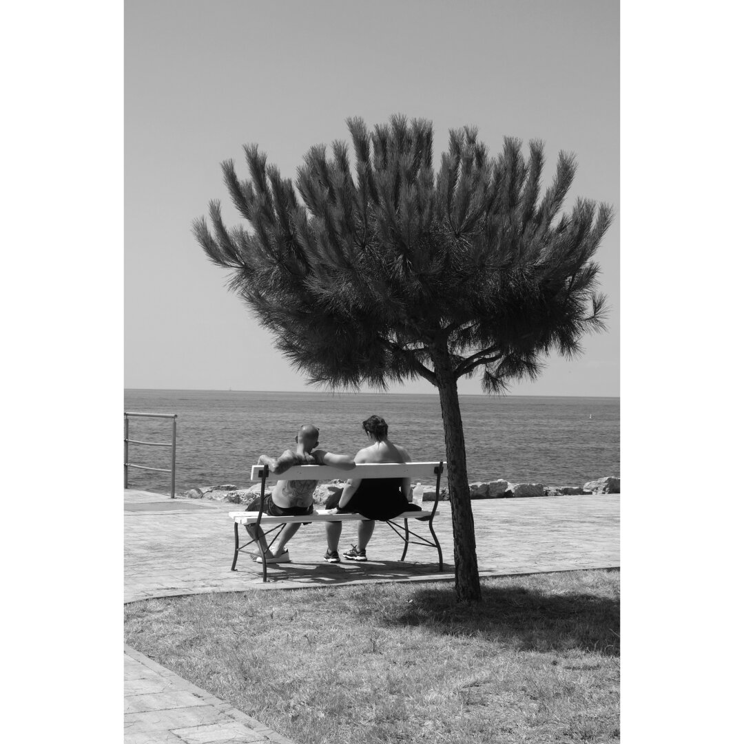 Black and white picture taken on the Mediterranean sea front of Pirsn, showing a couple of elderly people seen from the back. They are seated on a bench under a small pine tree and look at the sea.