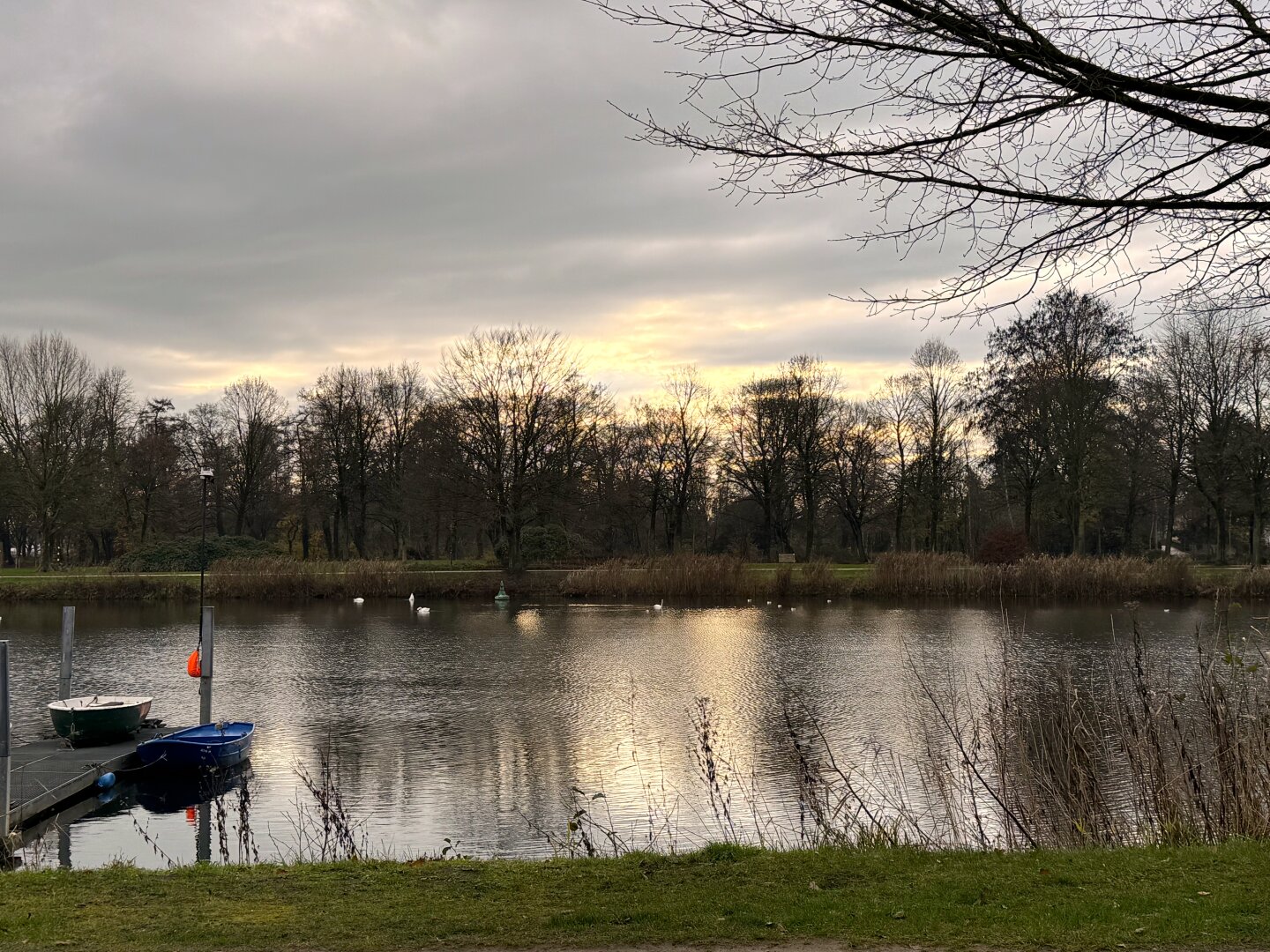 Von Bäumen umgebener See bei bewölktem Himmel mit kleinen Lichtlücken, vorn links ein kleiner Bootssteg mit zwei Booten, im Hintergrund weiße Schwäne auf dem See