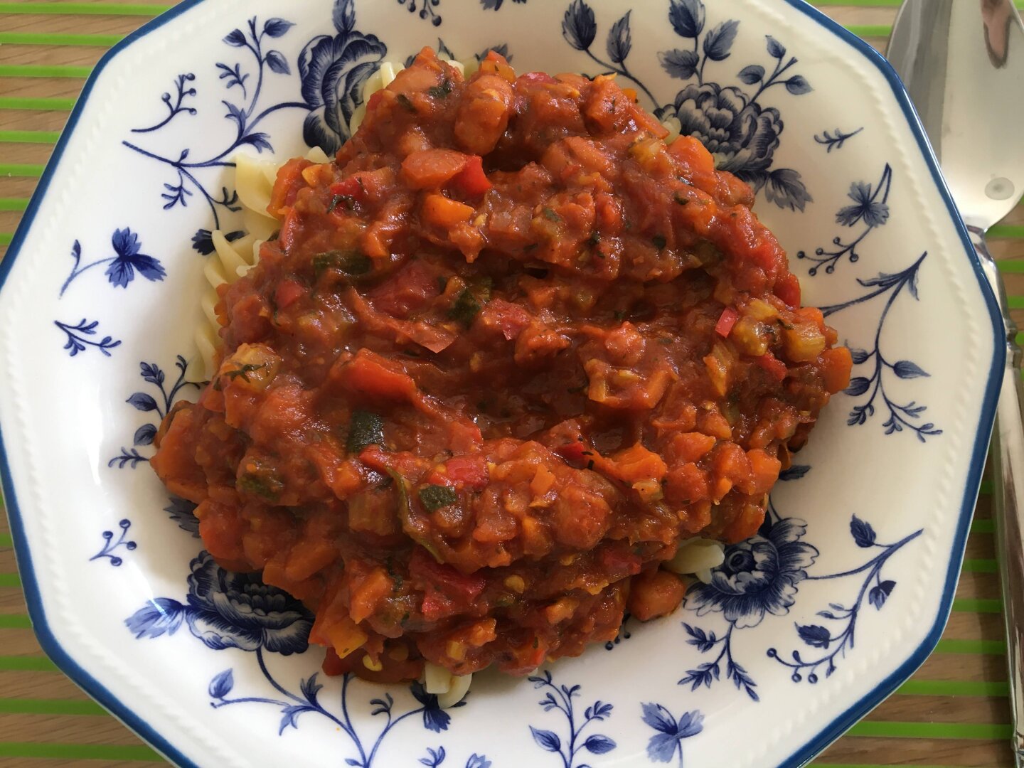 Tomato sauce with veggies together with fusilli
