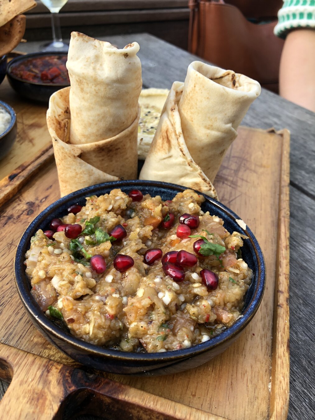 Plate with flatbread and baba ganoush