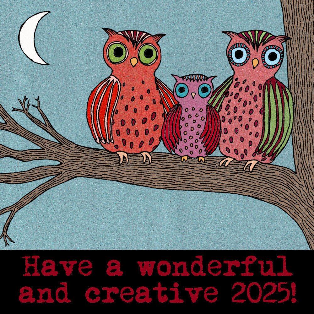 Drawing of 3 colourful owls, 2 bigger ones and 1 small one in the middle, who sit on a tree branch. There's a crescent moon in a light blue sky. Text says 