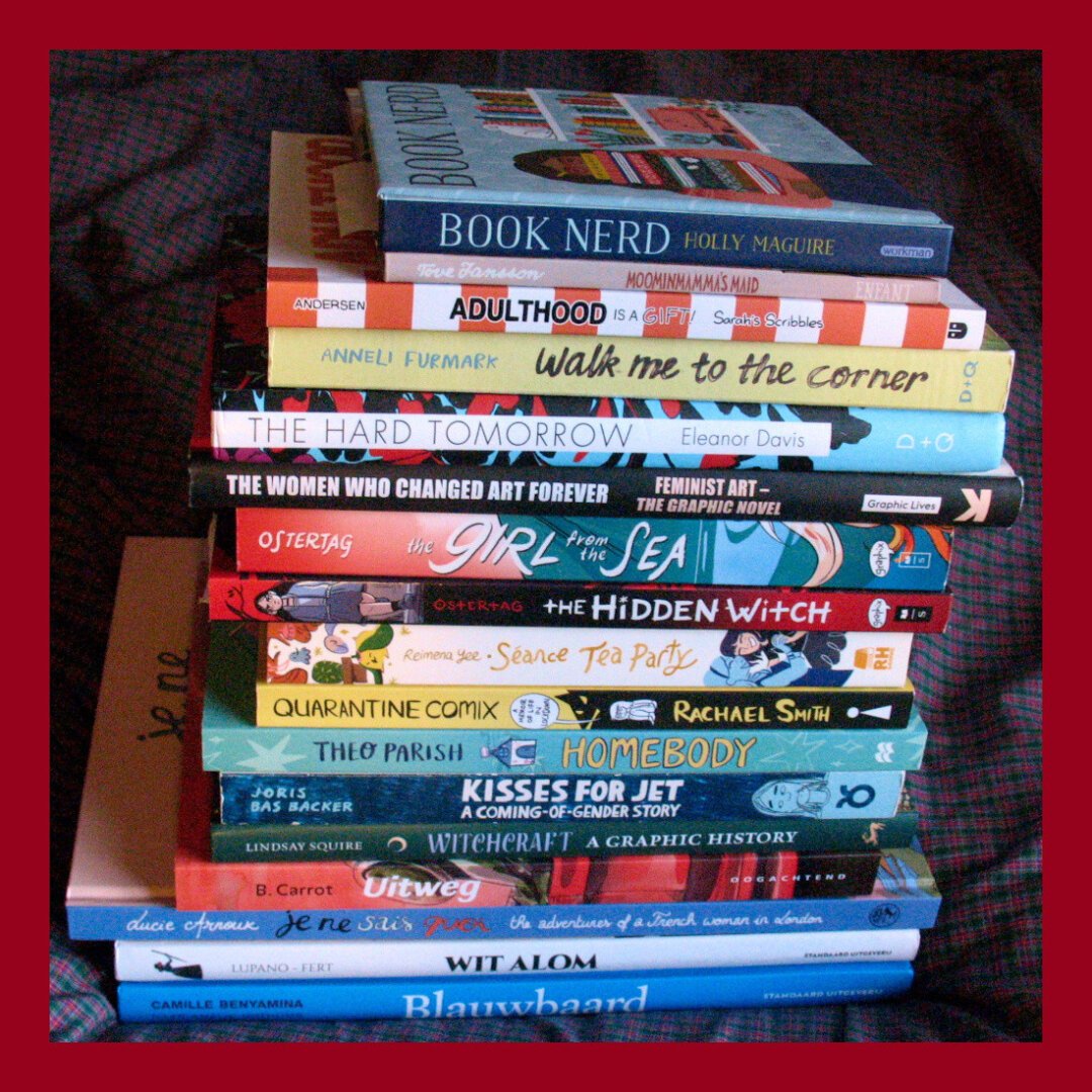 Stack of books showing the spines with a red border around the photo.