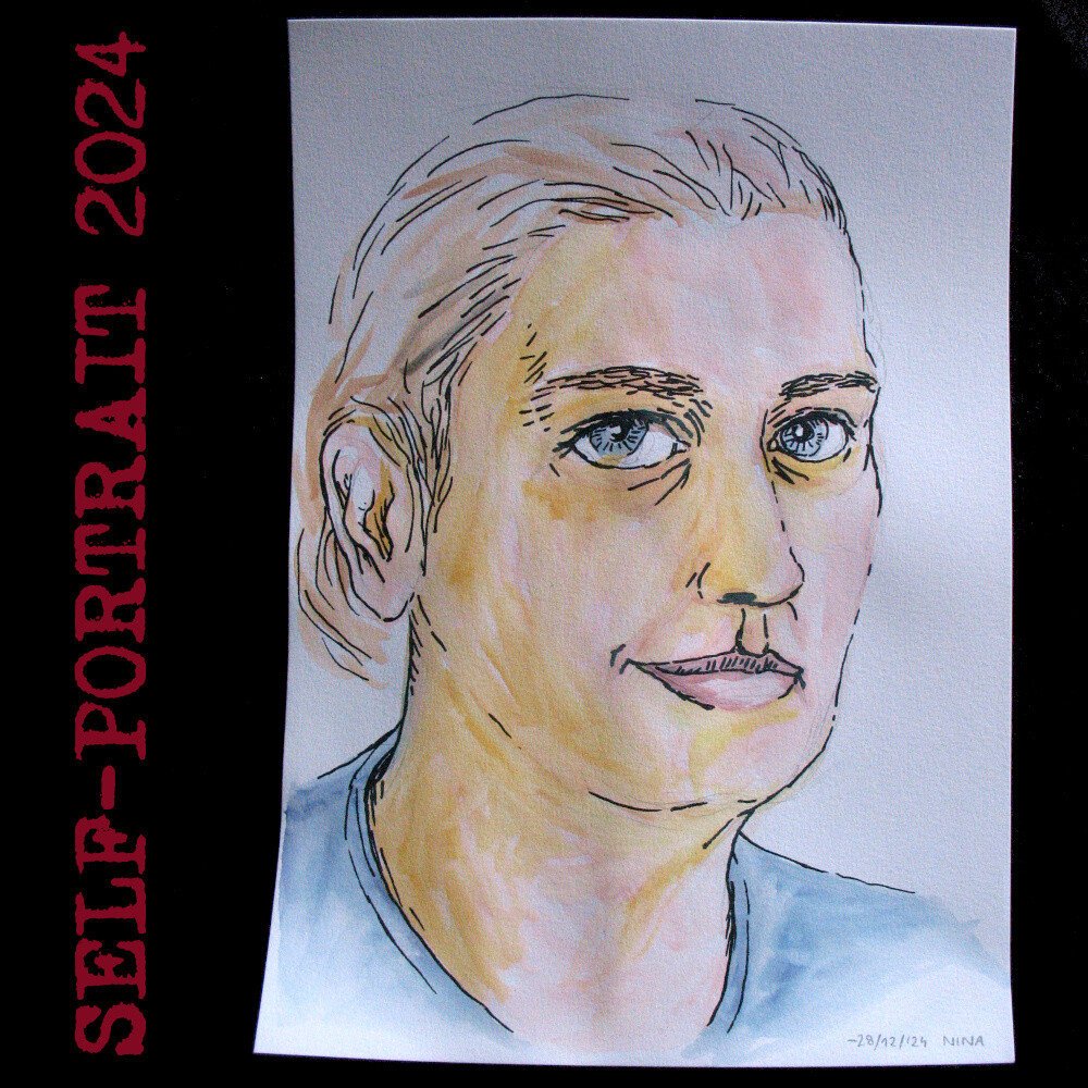 Hand-drawn and painted self-portrait. Eyes looking forward, hair in a bun, blue T-shirt. Text says 