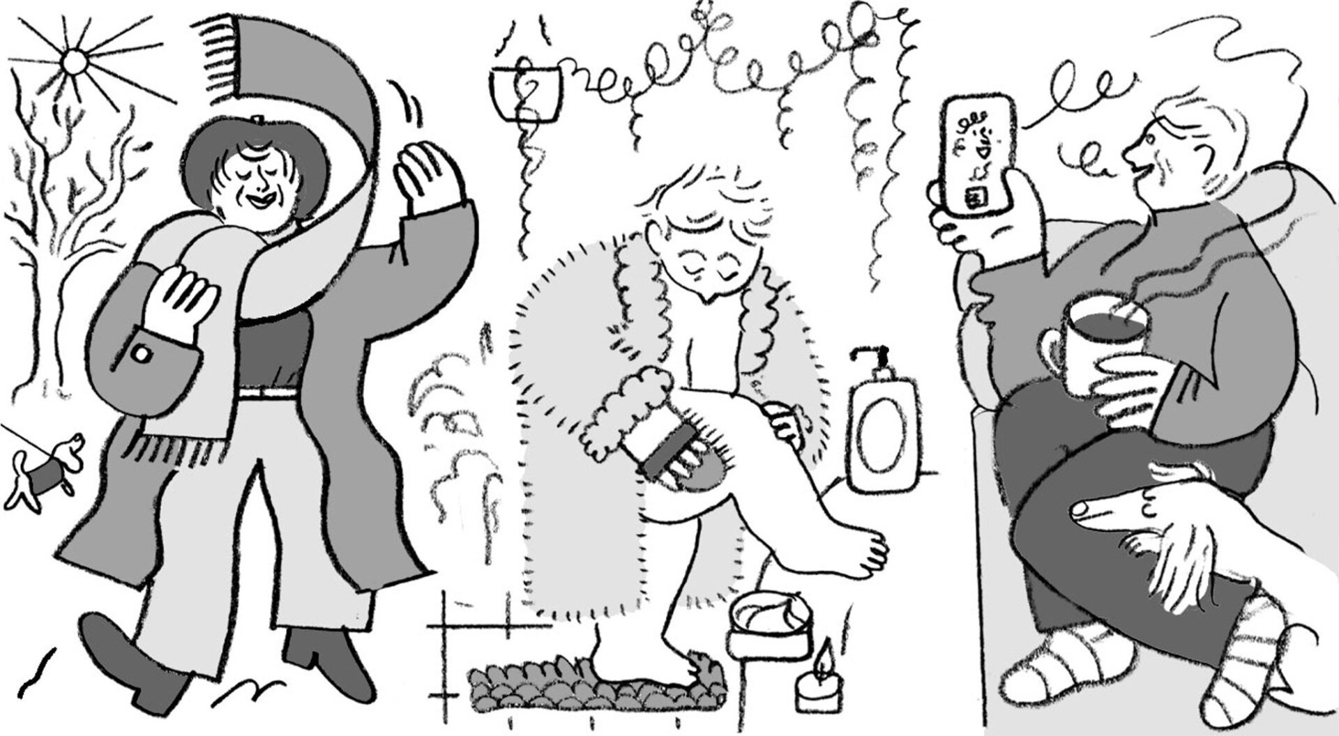 Alternate sketch of the illustration, again 3 scenes but with slightly different situations: winter walk in the sun with flashy clothes, scrubbing your skin in the bath, facetiming with friends on the couch