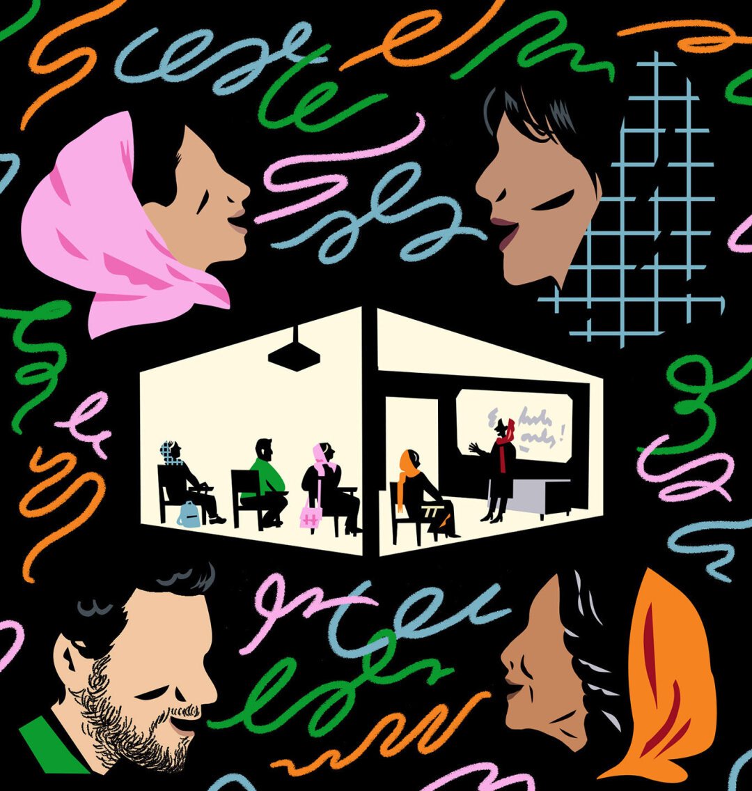 Illustration showing a classroom in the middle, all four students listen, don't talk. Outside the classroom the students talk freely in their own language. It's illustrated in a flat cutout style.
