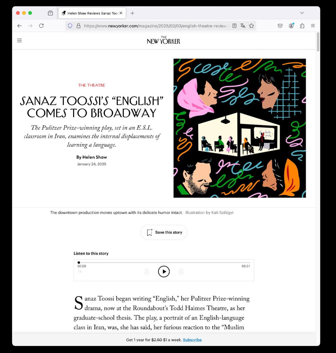Screenshot of the article on the play "English" by Sanaz Toossi in The New Yorker together with the illustration.