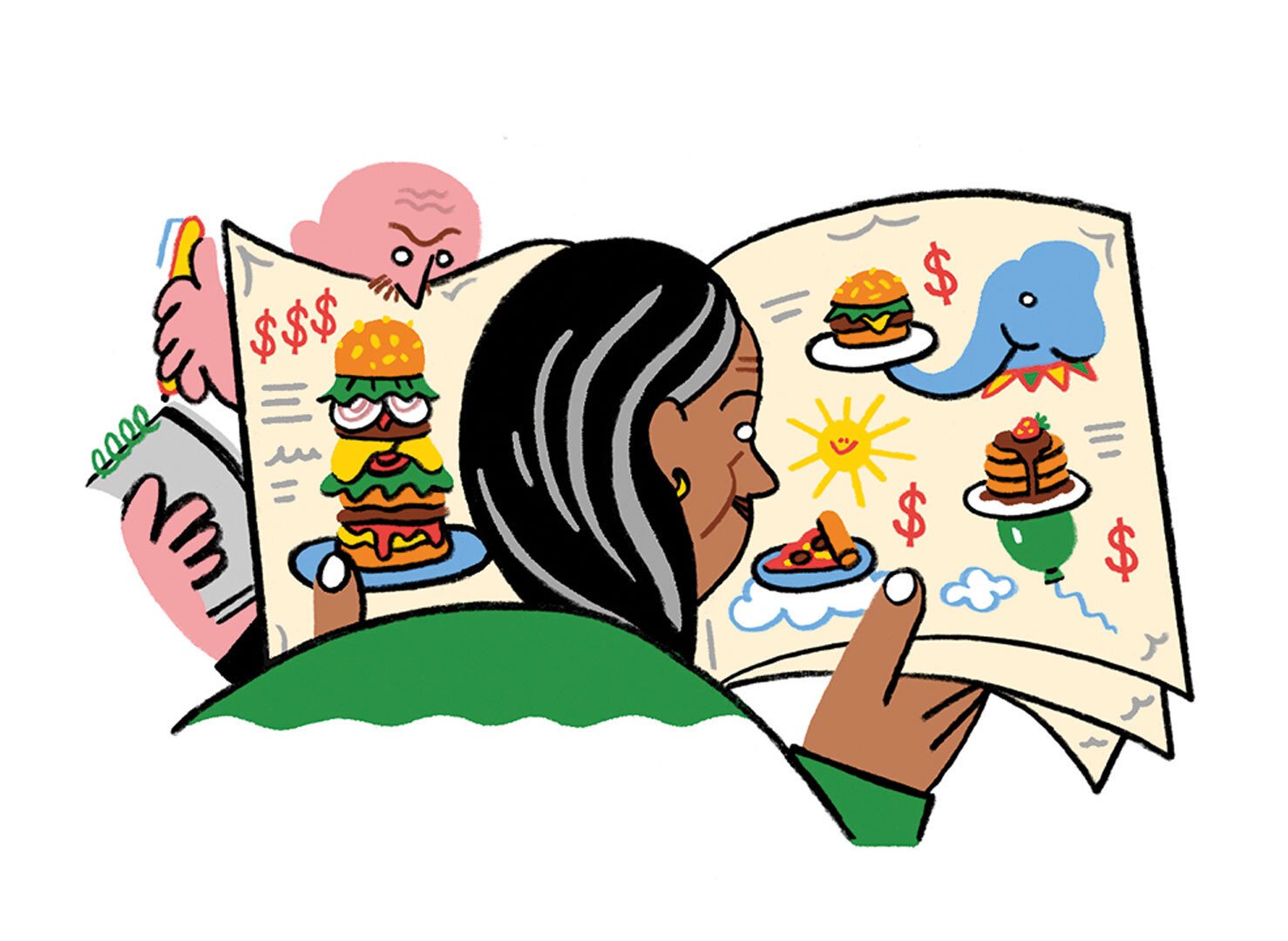 Illustration showing a woman looking at a kids' menu at a restaurant. The menu is playful and offers lower prices for their small portions. On the other page there's a huge burger for adults that costs much more. The waiter looks annoyed that the person is interested in the cheaper kids' portions.