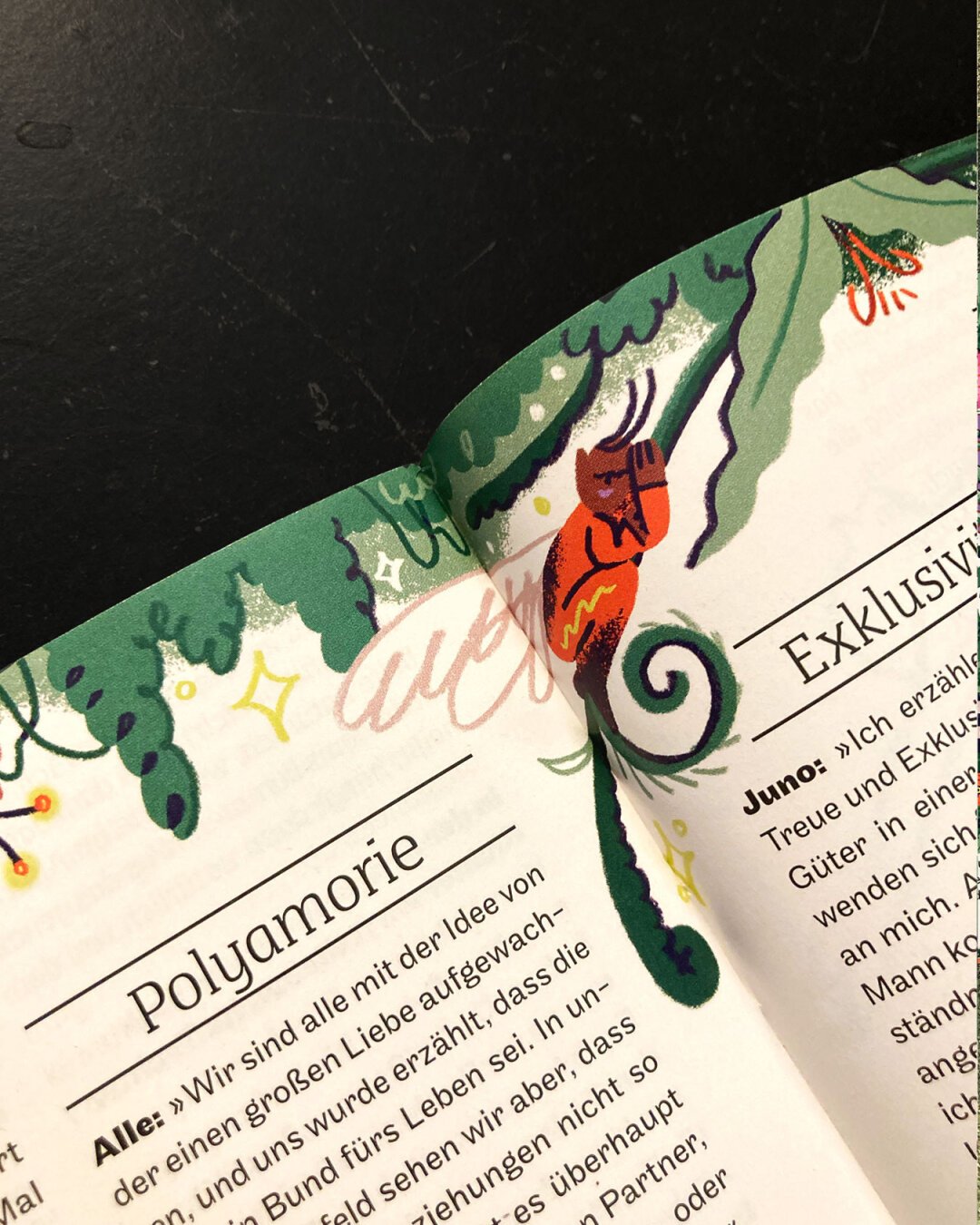 A closeup shot of the magazine spread with the illustration