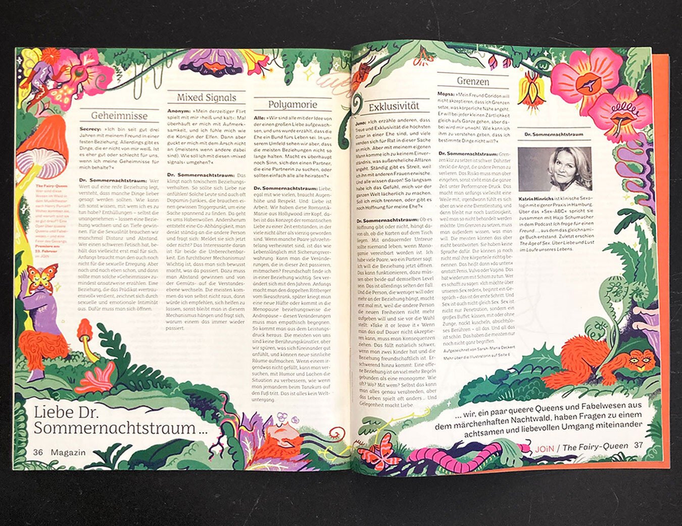 Shot of a magazine spread: Text in the middle with illustrated elements surrounding the text. The illustration shows a mystical queer fairy jungle with whimsical characters and flowers and mushrooms.