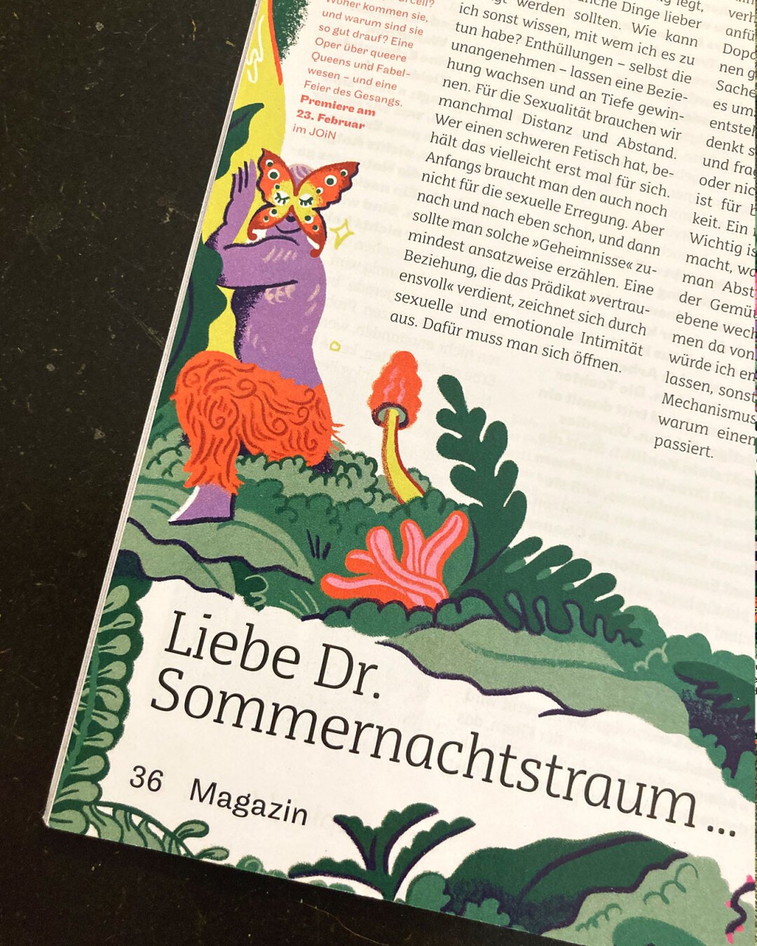 A closeup shot of the magazine spread with the illustration