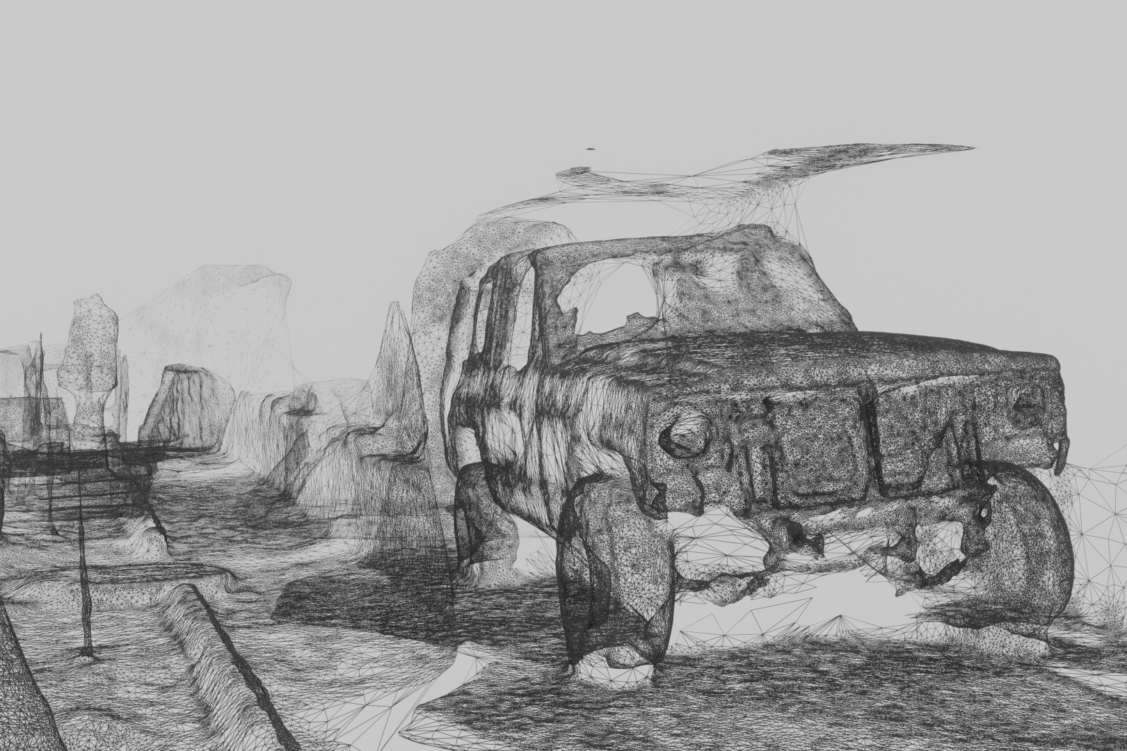 black and white 3D wireframe landscape, a car in a city