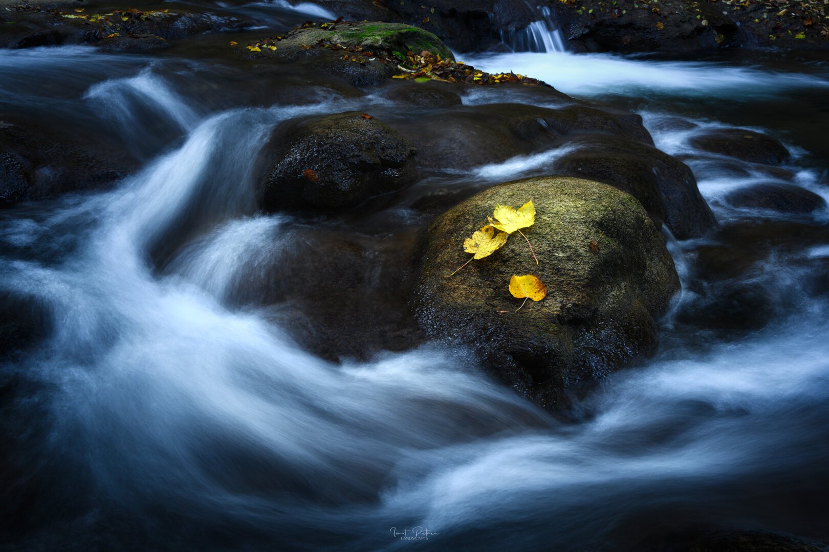 Long exposure landscape photograph of a river, with some rocks and autumn colored leaves, surrounded by the water
#LandscapePhotography #FineArt #LongExposure #River #Photography #Waterfall