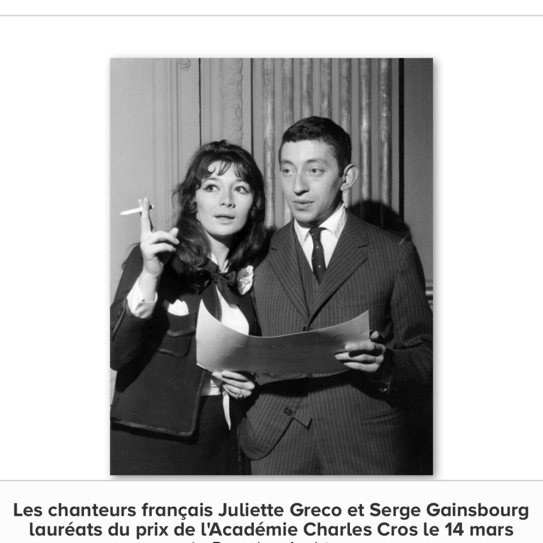 Singers Juliette Greco and Serge Gainsbourg receive the Charles Cros prize