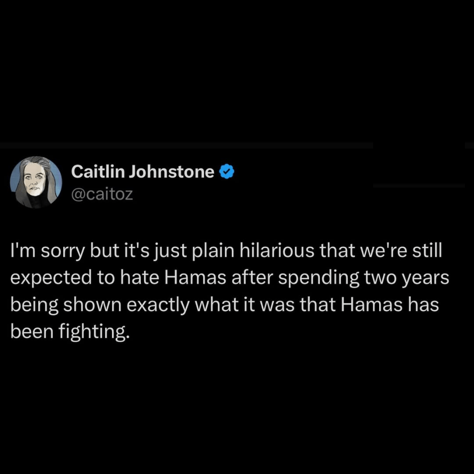 I'm sorry but it's just plain hilarious that we're still expected to hate Hamas after spending two years being shown exactly what it was that Hamas has been fighting