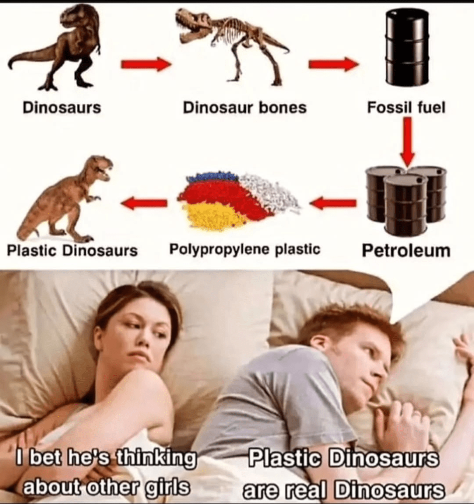 A man in bed is thinking about this graph: Dinosaurs lead to dinosaur bones, which lead to fossil fuel which can be turned into petroleum, from which plastic can be made from which they can make plastic dinosaurs.

The woman next to him in bed looks at him and thinks "I bet he's thinking about other girls." The man thinks "Plastic dinosaurs are real dinosaurs."