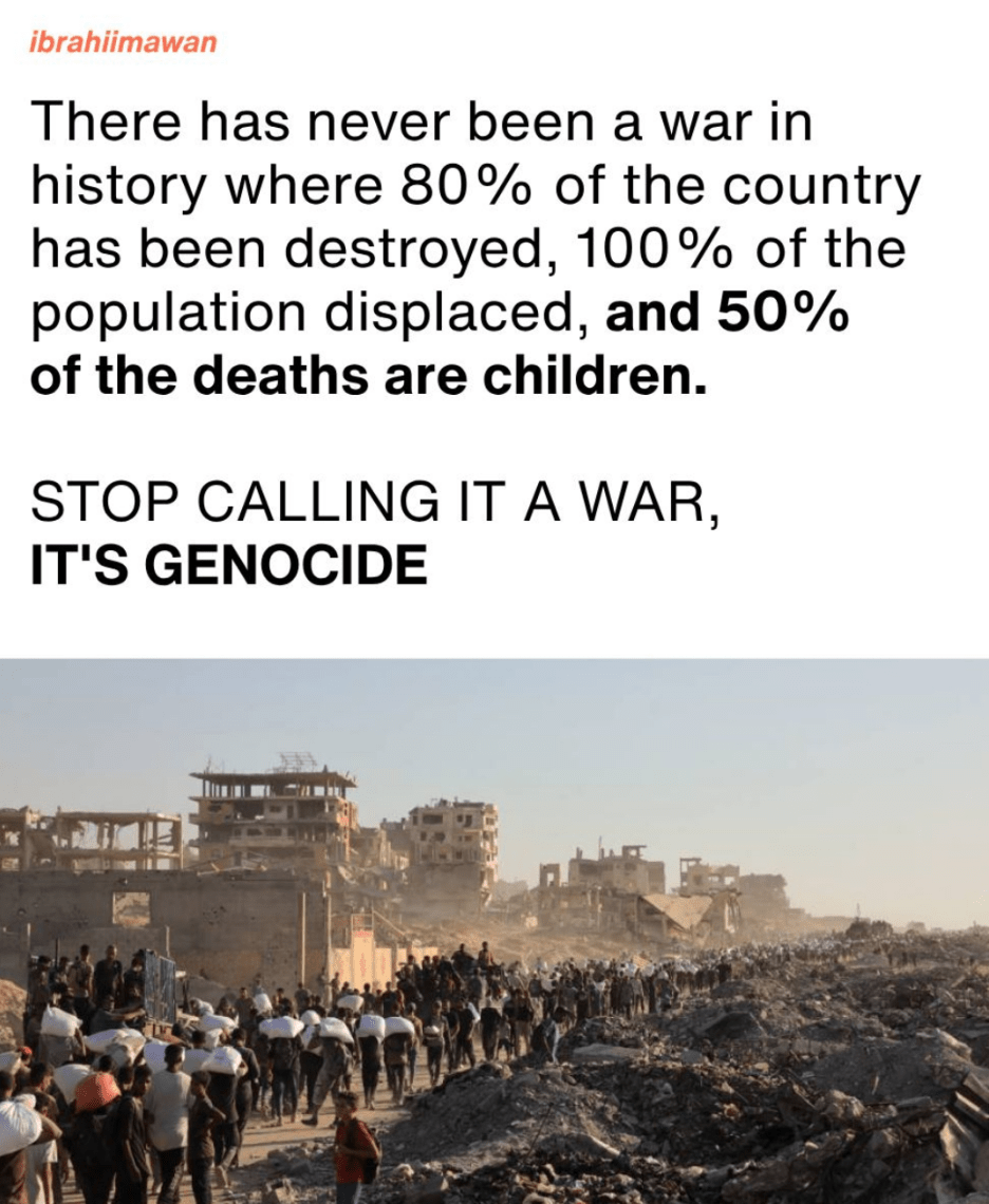 There has never been a war in history where 80% of the country has been destroyed, 100% of the population displaced, and 50% of the deaths are children.

Stop calling it a war. It's genocide.