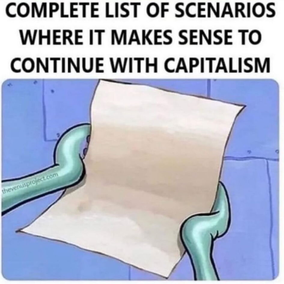 Complete list of scenarios where it makes sense to continue with capitalism:
[image of an empty sheet of paper]