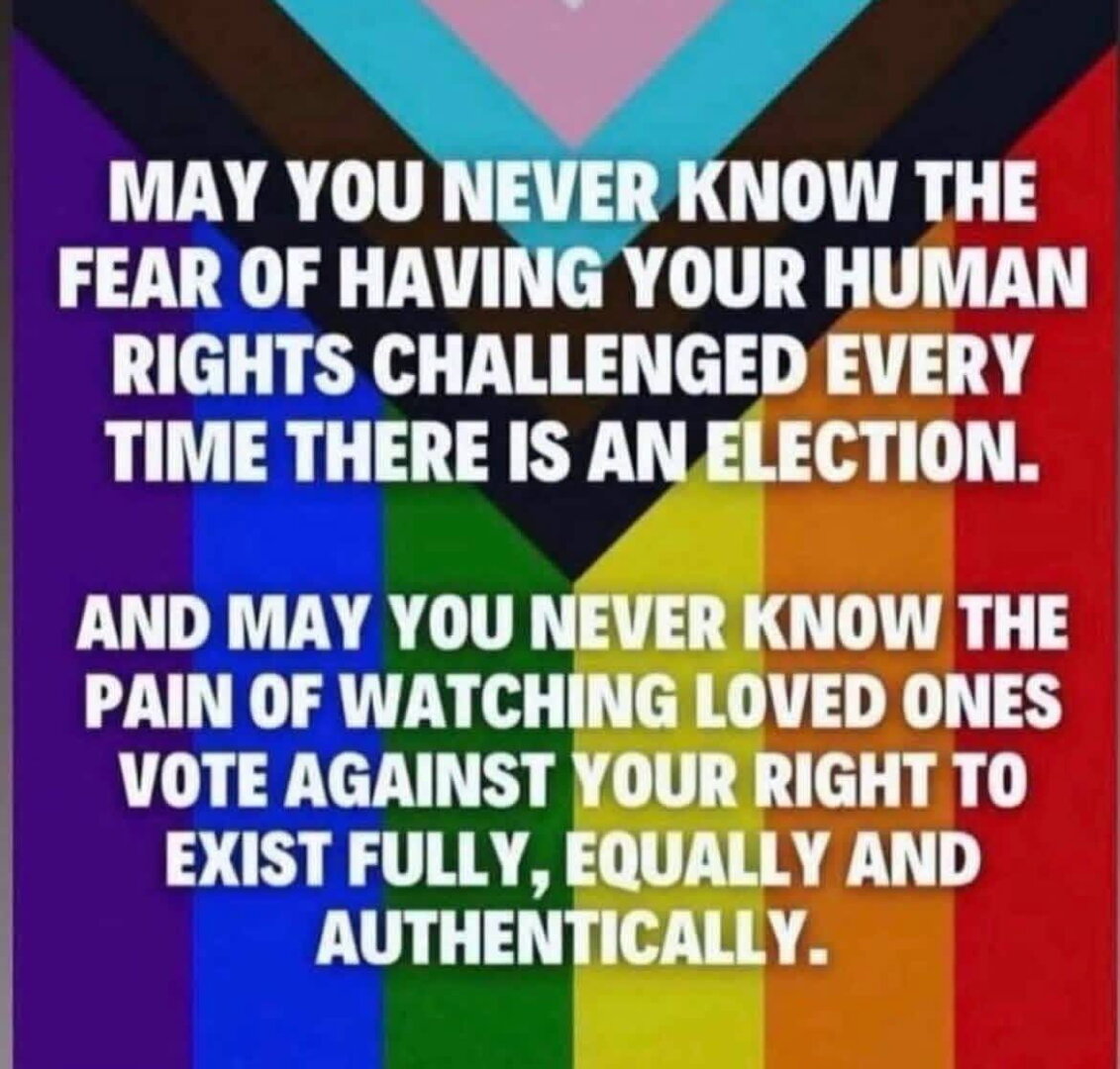 May you never know the fear of having your human rights challenged every time there is an election.

And may you never know the pain of watching loved ones vote against your right to exist fully, equally and authentically.