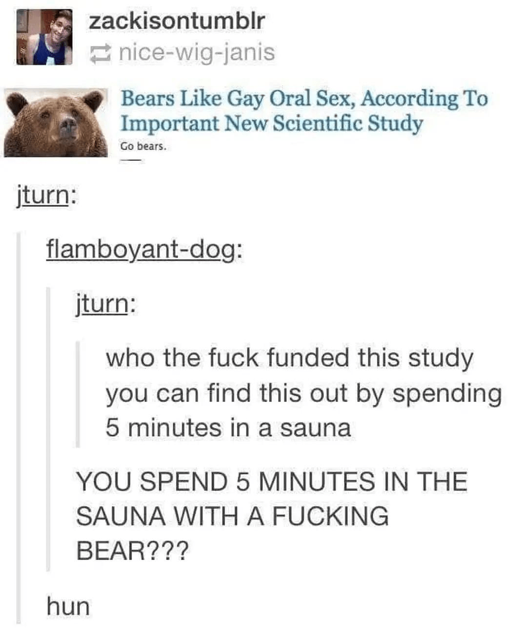 Original headline: "Bears like gay oral sex, according to important new scientific study"
1st reply: "Who the fuck funded this study, you can find this out by spending 5 minutes in a sauna"
2nd reply: "You spend 5 minutes in the sauna with a fucking bear???"
3rd reply: "hun"