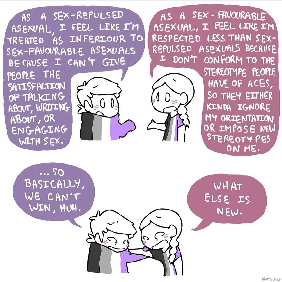 Person 1: "As a sex-repulsed asexual, I feel like I'm treated as inferior to sex-favourable asexuals because I can't give people the satisfaction of talking about, writing about, or engaging with sex."
Person 2: "As a sex-favourable asexual, I feel like I'm respected less than sex-repulsed asexuals because I don't conform to the stereotype people have of aces, so they either kinda ignore my orientation or impose new stereotypes on me."
Person 1 and person 2 embrace each other.
Person 1: "So basically we can't win, huh"
Person 2: "What else is new"