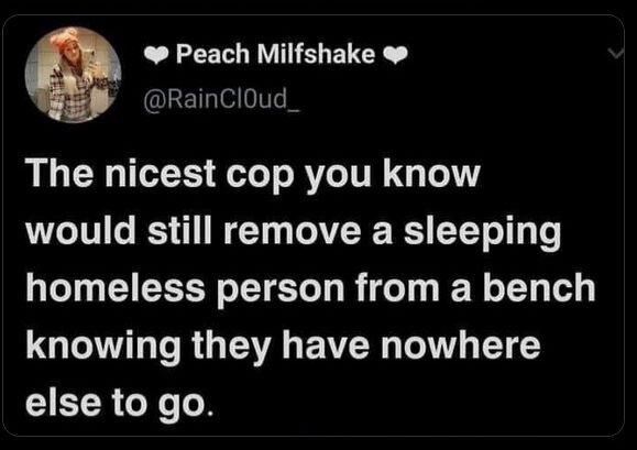 The nicest cop you know would still remove a sleeping homeless person from a bench knowing they have nowhere else to go