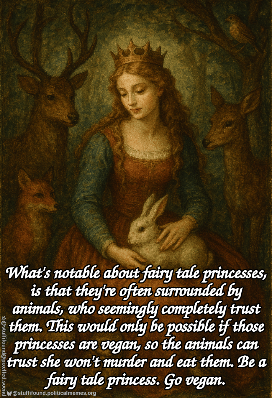 Painting of a princess surrounded by animals, captioned "What's notable about fairy tale princesses, is that they're often surrounded by animals, who seemingly completely trust them. This would only be possible if those princesses are vegan, so the animals can trust she won't murder and eat them. Be a fairy tale princess. Go vegan."