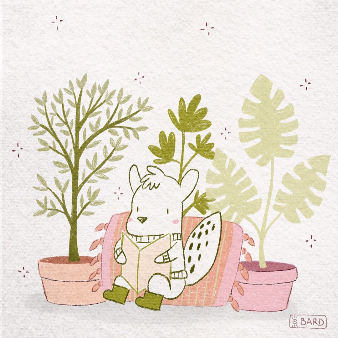 Cozy illustration of a white animal reading a book surrounded by plants.